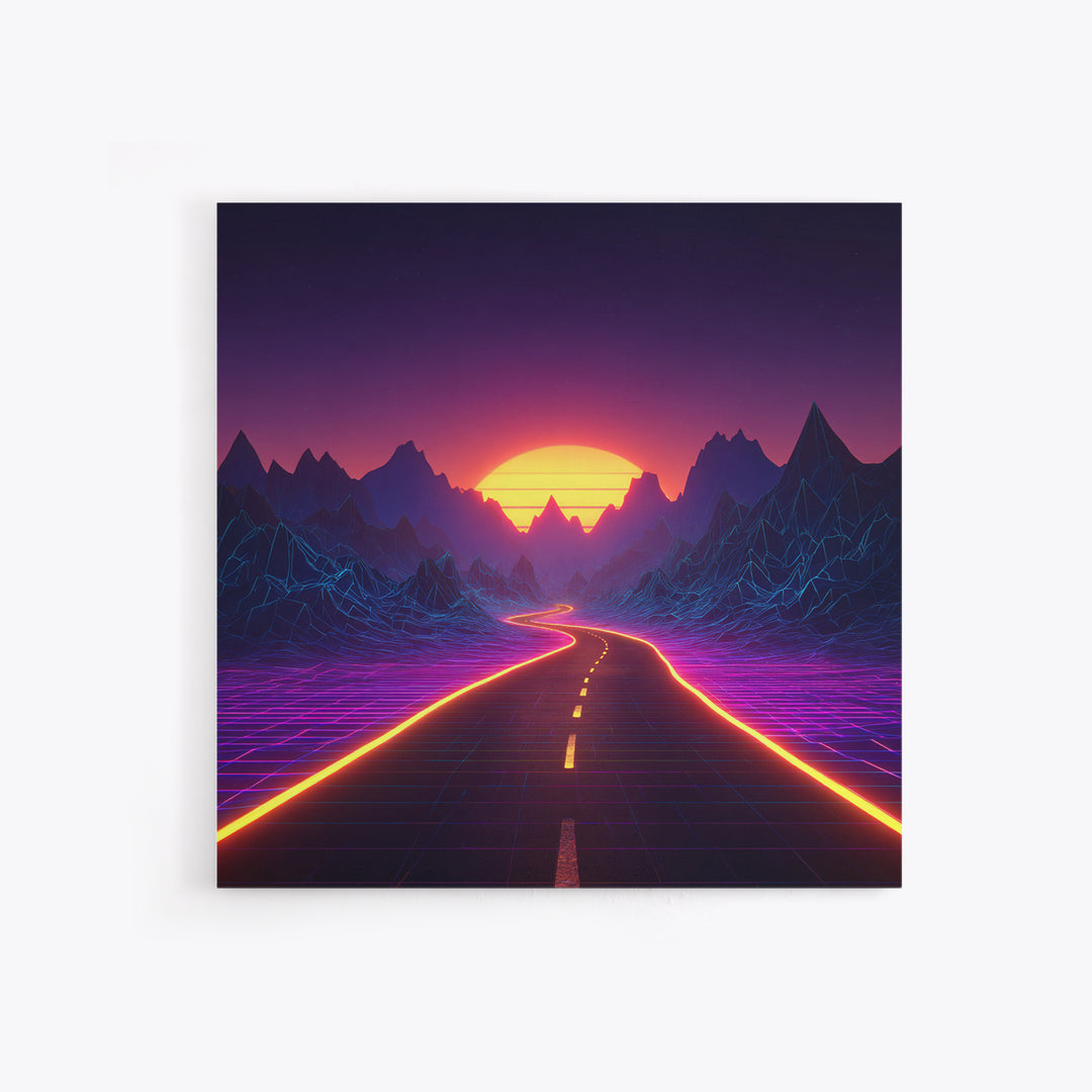 Retro Futuristic Neon Road Wall Art, Synthwave Landscape Poster, Gaming Room Decor, Vibrant 80s Style Canvas Print