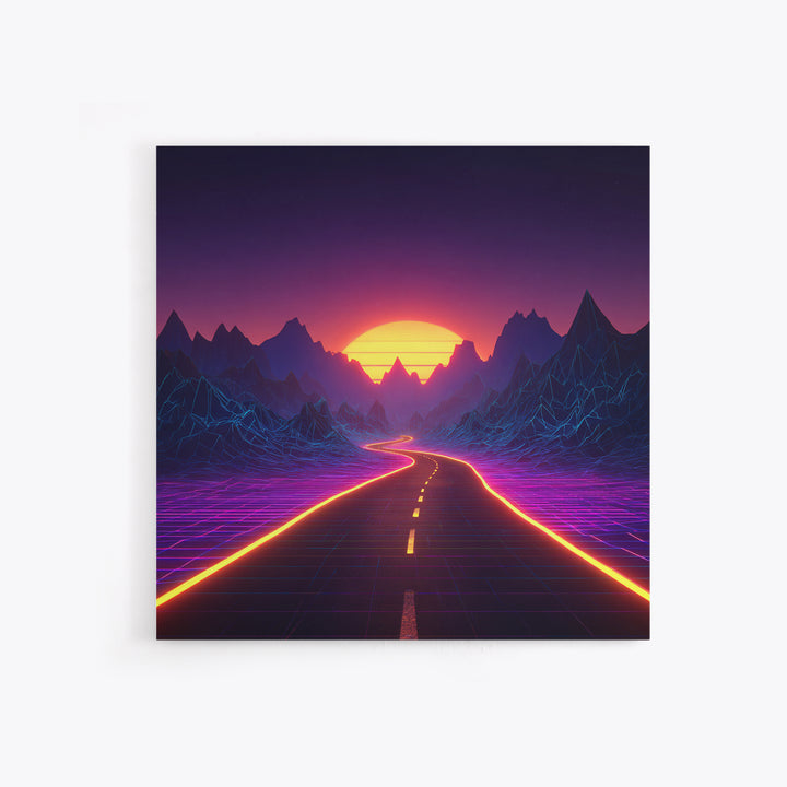 Retro Futuristic Neon Road Wall Art, Synthwave Landscape Poster, Gaming Room Decor, Vibrant 80s Style Canvas Print
