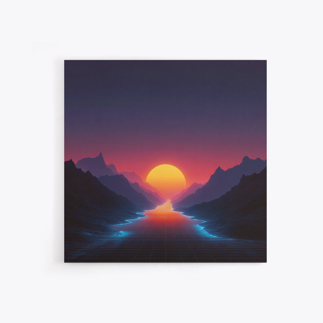 Retro Synthwave Sunset Over Neon River Wall Art, Futuristic 80s Vaporwave Landscape Canvas Print For Gaming Room
