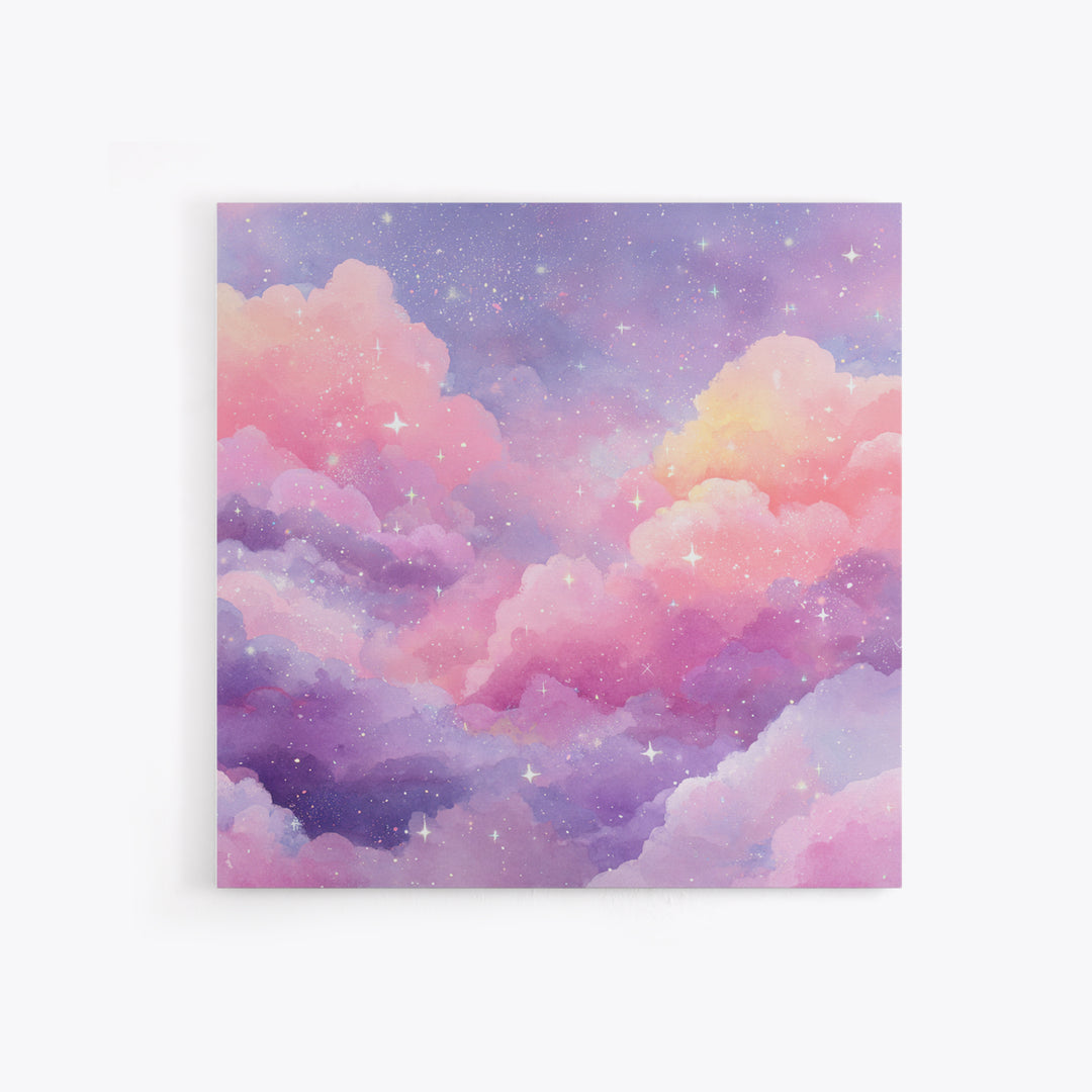 Pink Lavender Starry Clouds Wall Art, Pastel Celestial Canvas Print, Dreamy Nursery Decor, Girls Room Decor, Whimsical Art
