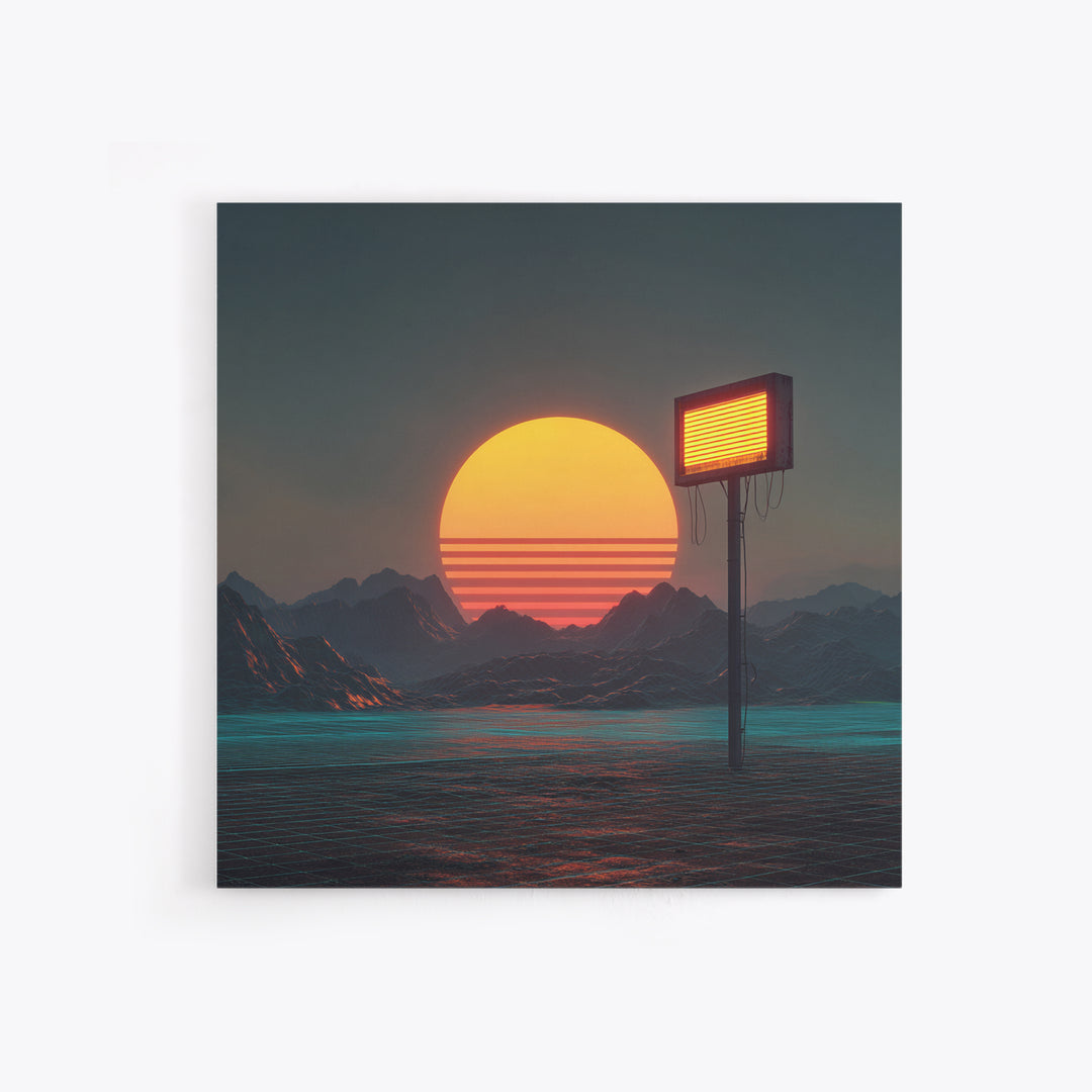 Futuristic Neon Sun Over Sci Fi Mountains Wall Art, Cyberpunk Landscape Home Decor, Retro Synthwave Canvas Print