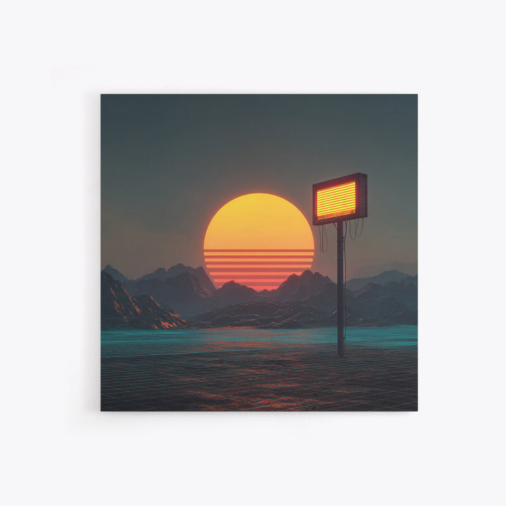 Futuristic Neon Sun Over Sci Fi Mountains Wall Art, Cyberpunk Landscape Home Decor, Retro Synthwave Canvas Print