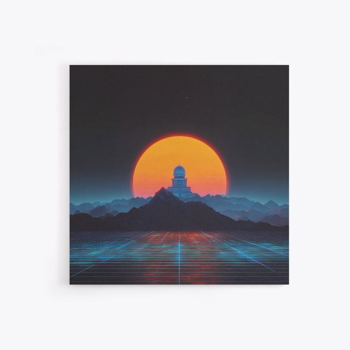 Sci Fi Observatory Sunset Landscape Wall Art, Retro Futuristic Mountains, Neon Synthwave Canvas Print Decor