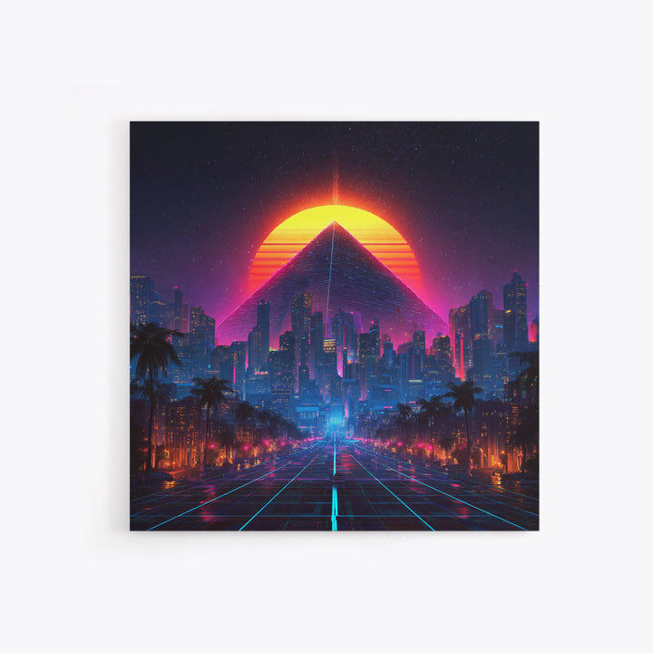 Retro Futuristic Neon City Pyramid Wall Art, Cyberpunk Sunset Canvas Print, Synthwave Gaming Room Decor, Sci Fi Art