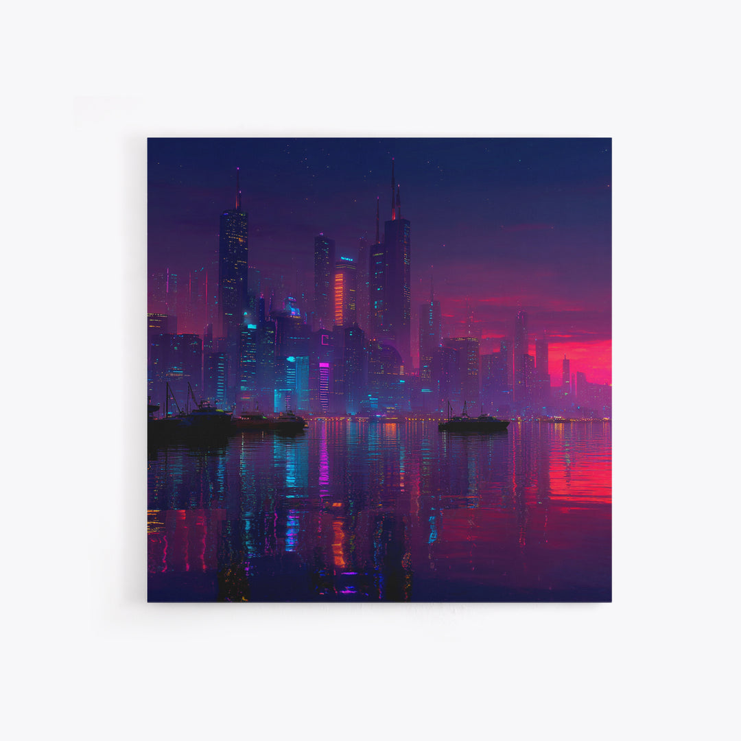 Cyberpunk Neon City Skyline Wall Art, Futuristic Night Harbor Canvas Print, Sci Fi Cityscape Decor, Gaming Room Modern Wall Art