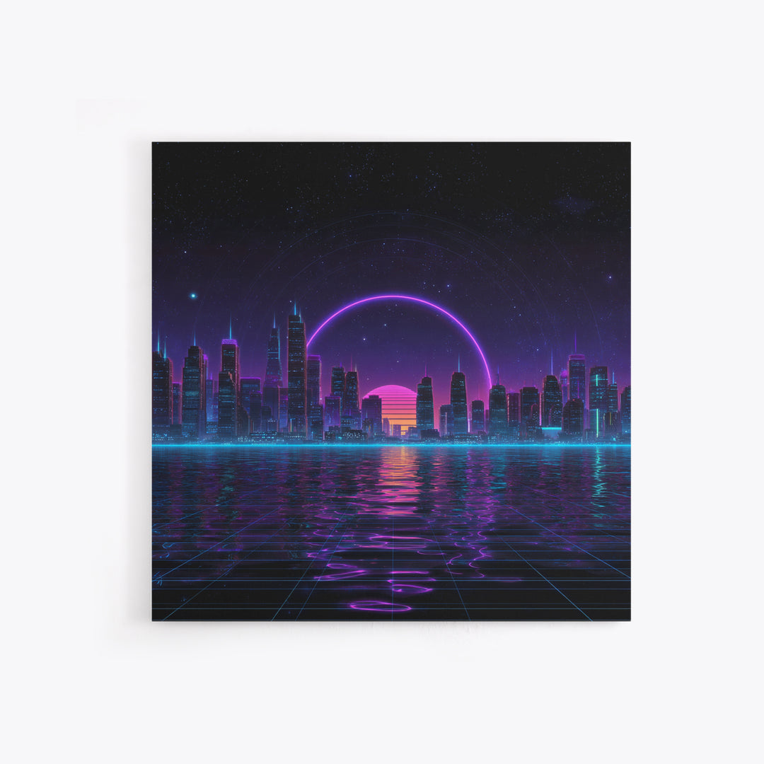 Neon City Skyline Over Water Retro Futuristic Wall Art Vaporwave Cityscape Canvas Print Gaming Room Decor