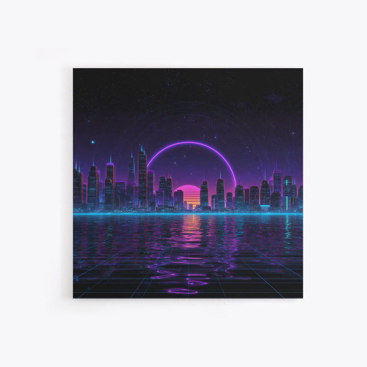 Neon City Skyline Over Water Retro Futuristic Wall Art Vaporwave Cityscape Canvas Print Gaming Room Decor