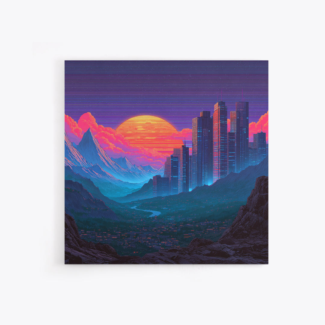 Cyberpunk City Neon Sunset Landscape Wall Art Futuristic Skyline Painting Gaming Room Decor Modern Wall Art Canvas Print