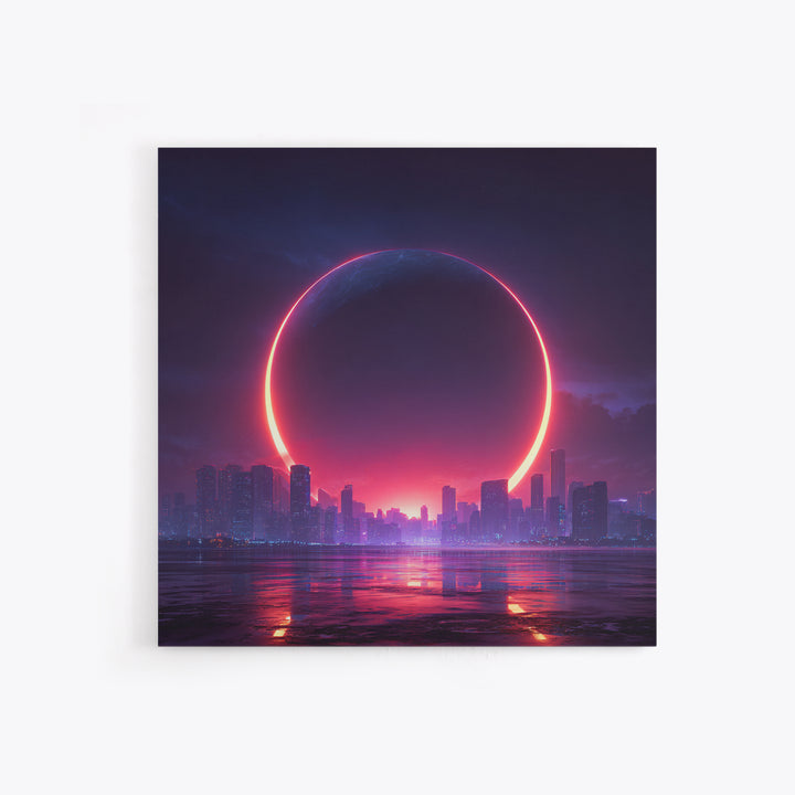Futuristic Eclipse Cityscape Canvas Print, Neon Sci Fi Wall Art, Cyberpunk Skyline Decor For Gaming Room Or Modern Office