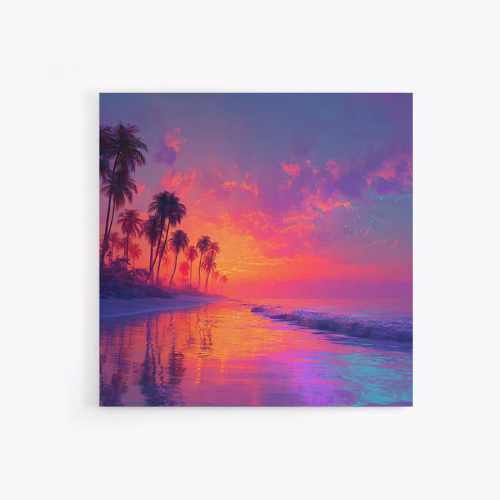 Dreamy Tropical Sunset Beach Wall Art, Colorful Coastal Ocean Canvas Print, Beach House Decor, Modern Coastal Art Print