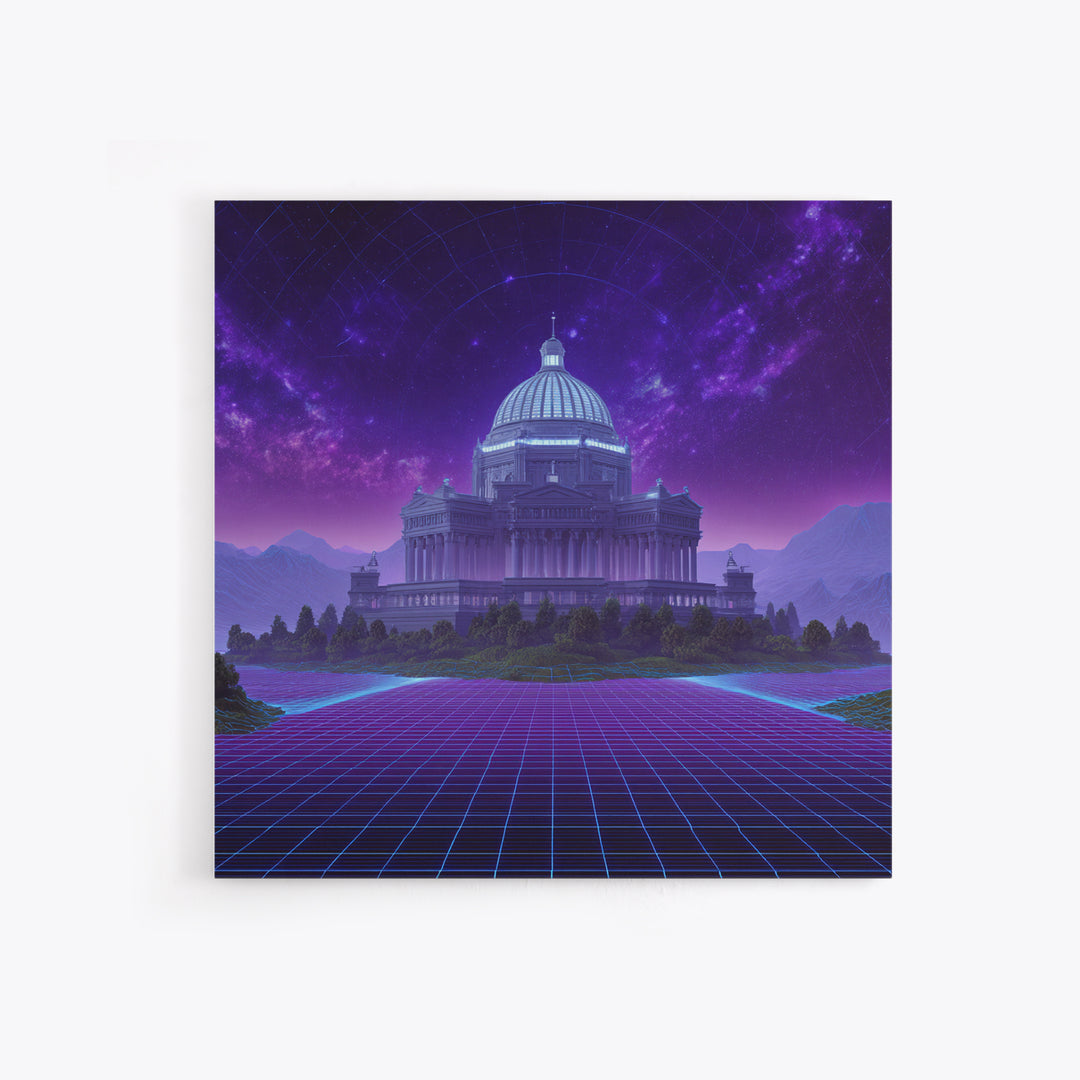 Retro Futuristic Palace Under Stars Wall Art, Neon Sci Fi Cityscape Canvas Print, Cyberpunk Gaming Room Decor