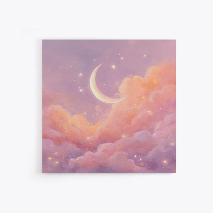 Soft Crescent Moon In Peach Clouds Canvas Print, Celestial Wall Art, Romantic Bedroom Decor, Calming Nursery Art, Cozy Wall Decor