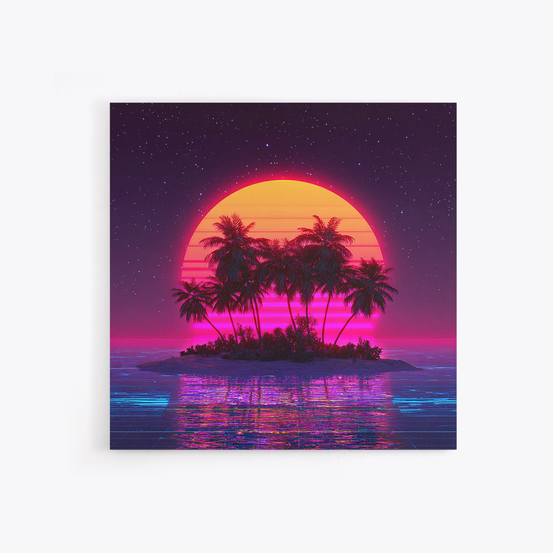 Retro Vaporwave Palm Island Wall Art, Neon Ocean Sunset Canvas Print, Aesthetic 80s Coastal Decor, Gaming Room Modern Wall Art