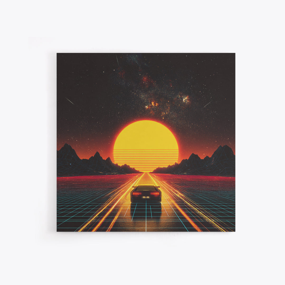 Retro Futuristic Car Road To Giant Neon Sun Wall Art, Synthwave Grid Landscape Canvas Print