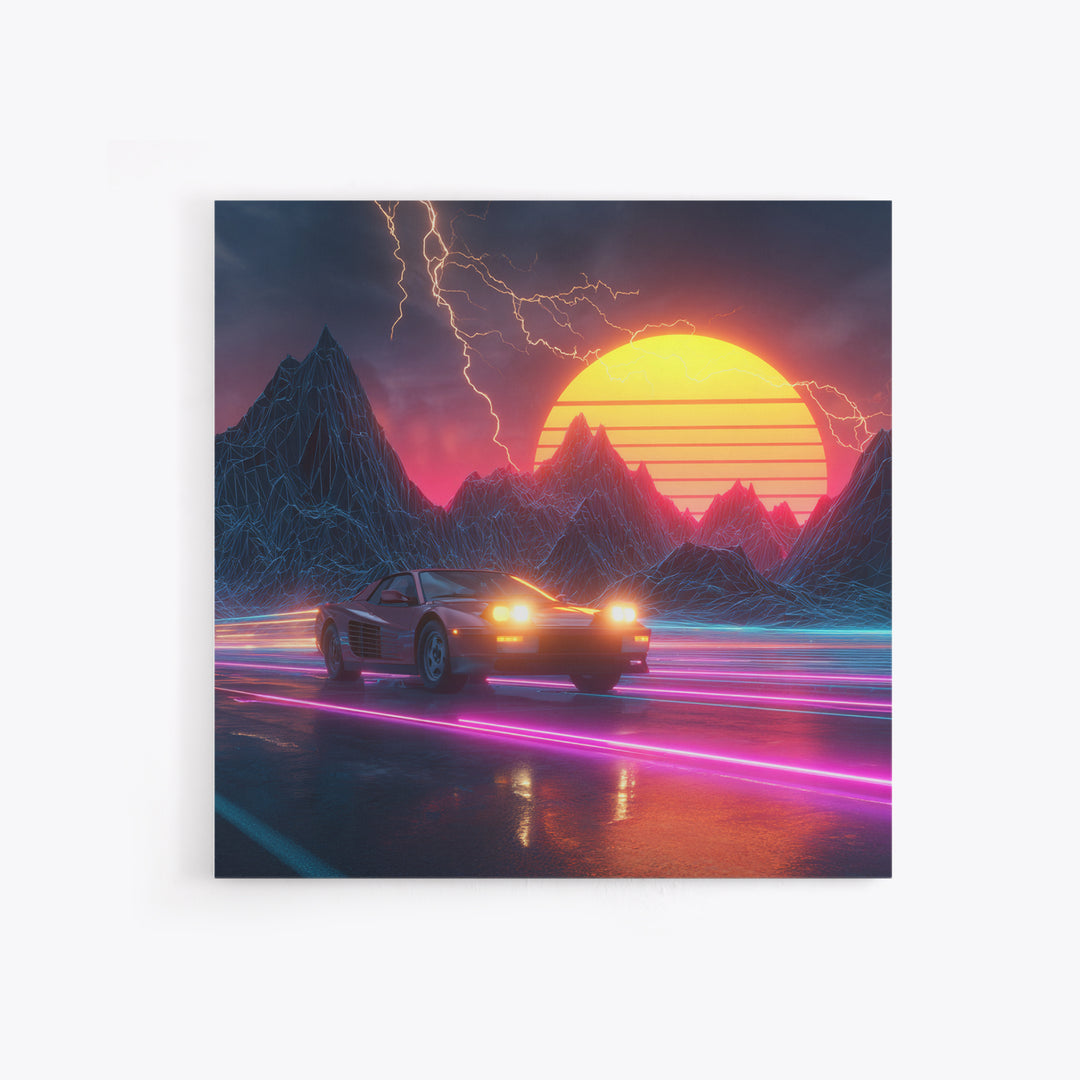 Retro Sports Car In Neon Sunset Mountains Wall Art, Cyberpunk Cityscape Canvas Print, Futuristic Gaming Room Decor