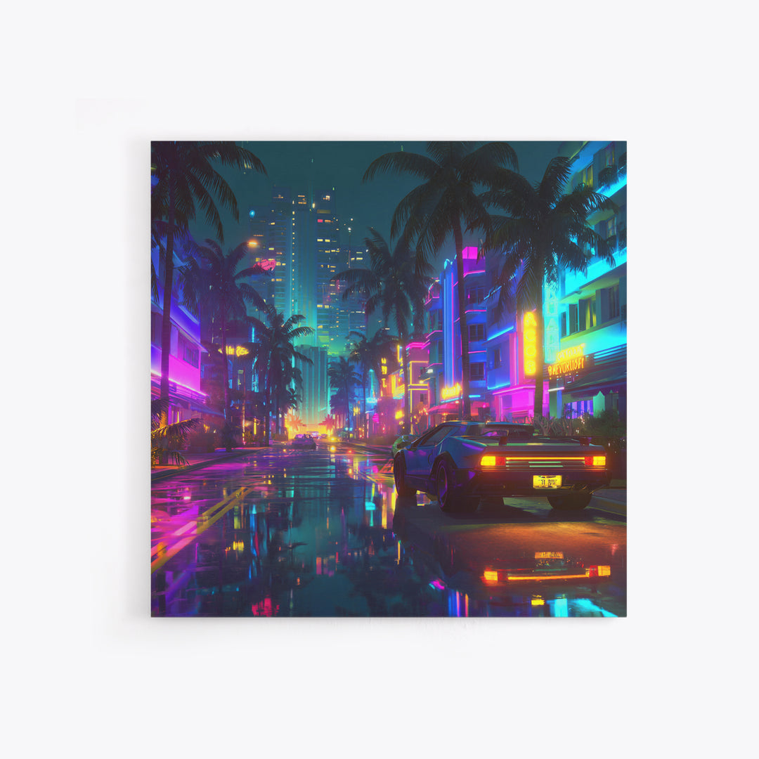 Neon Retro Futuristic City Street Wall Art, Cyberpunk Car Night Cityscape Print, Gaming Room Decor Canvas Print