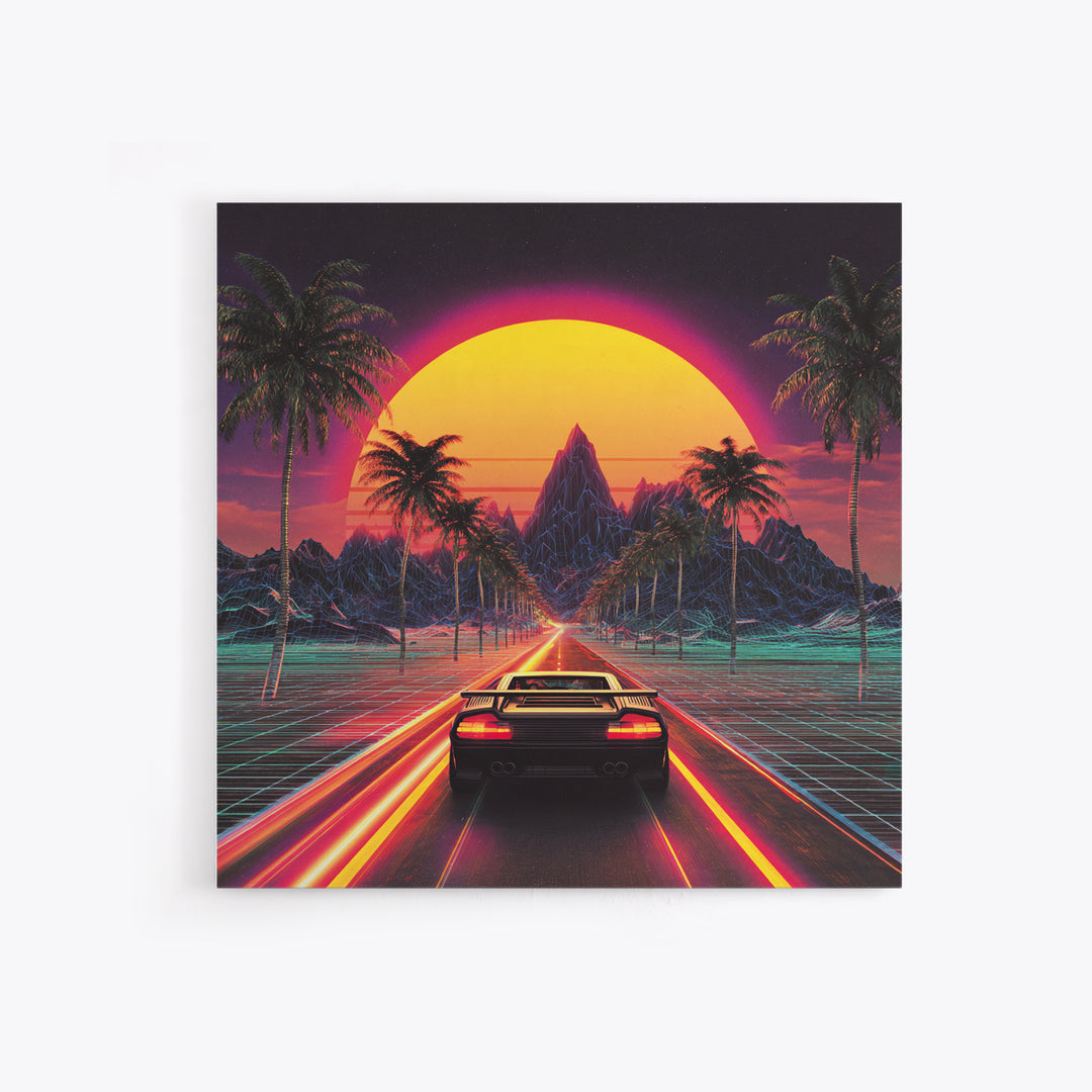 Retro Synthwave Sunset Car Wall Art Canvas Print, Neon Cityscape Art, 80s Vaporwave Decor, Gaming Room Wall Art