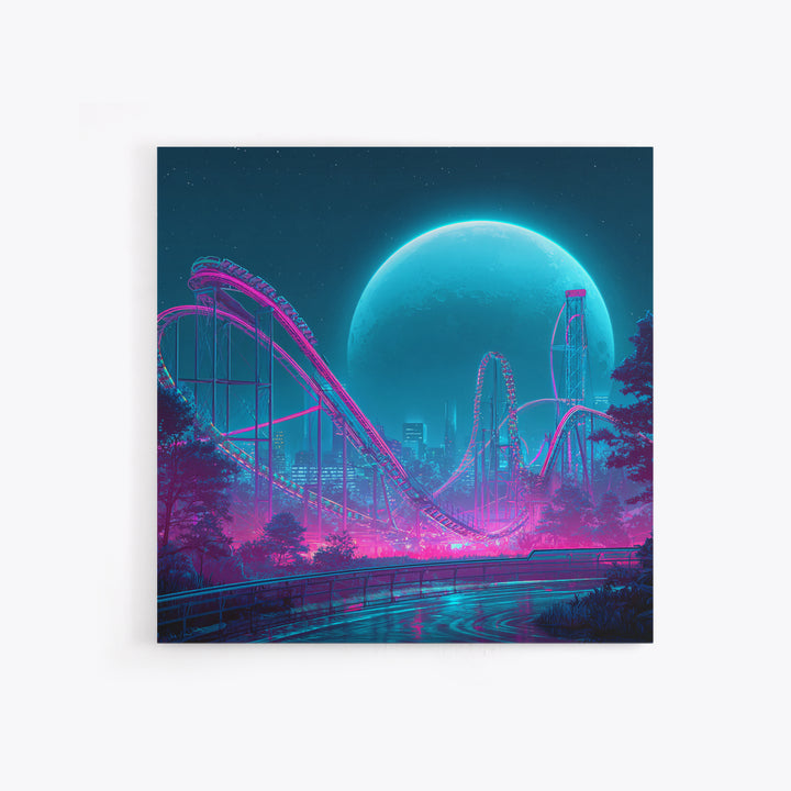 Neon Roller Coaster Under Full Moon Wall Art, Futuristic Night Amusement Park Canvas Print, Cyberpunk Gaming Decor