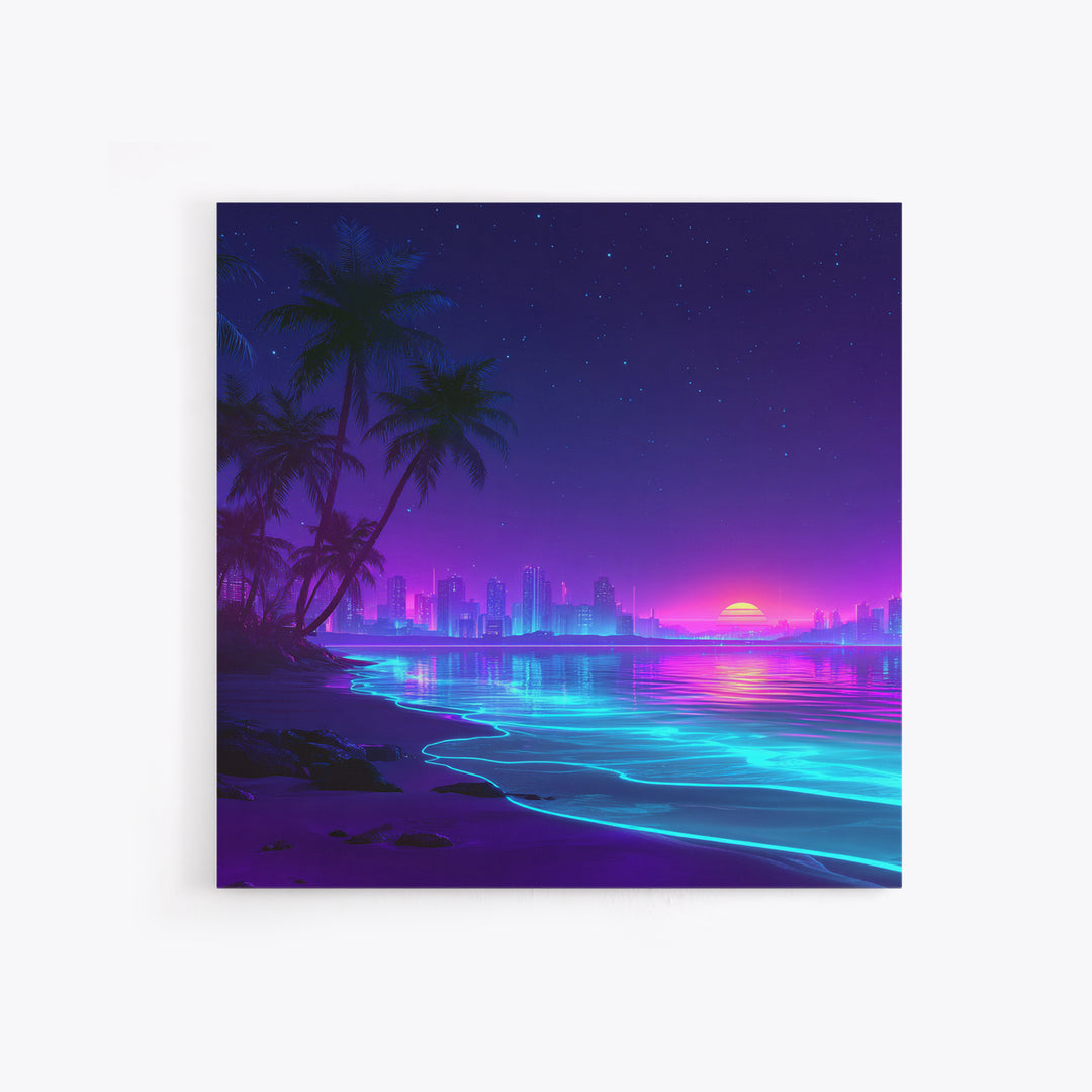 Neon City Beach Sunset Wall Art, Retro Futuristic Coastal Landscape Canvas Print, Modern Coastal Home Decor