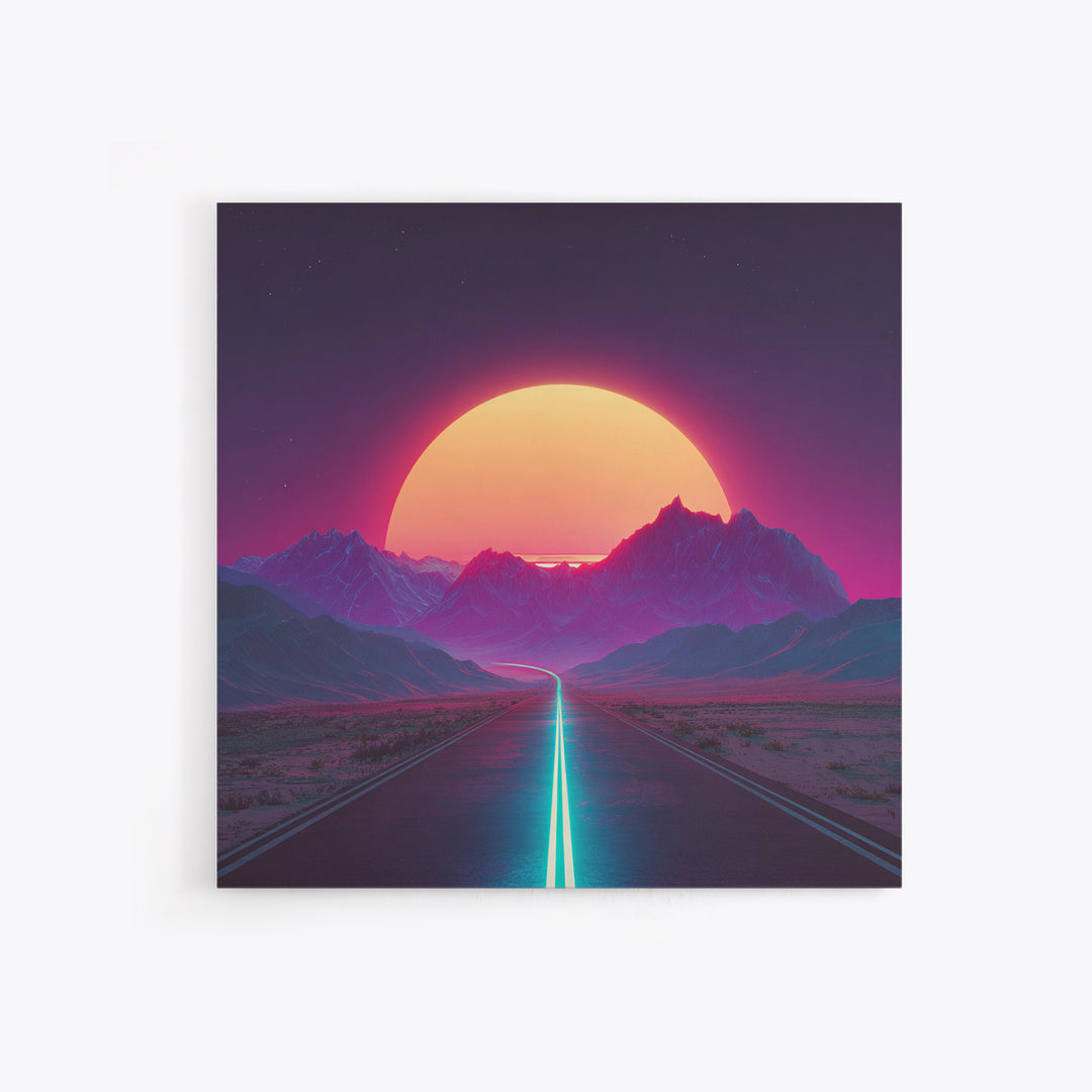 Neon Sunset Mountain Road Wall Art, Retro Futuristic Landscape Canvas Print, Cyberpunk Space Art For Gaming Room And Modern Home Decor