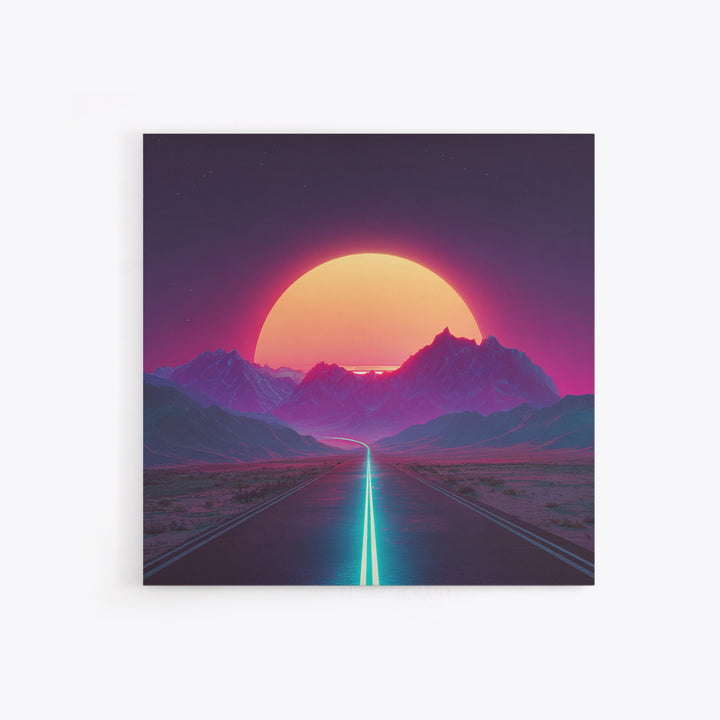 Neon Sunset Mountain Road Wall Art, Retro Futuristic Landscape Canvas Print, Cyberpunk Space Art For Gaming Room And Modern Home Decor