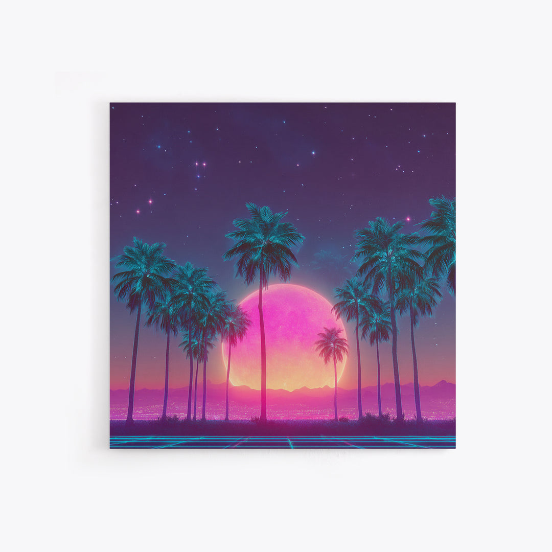 Vibrant Neon Cityscape With Palm Trees And Pink Moon Night Sky Futuristic Wall Art Framed Canvas Print For Living Room