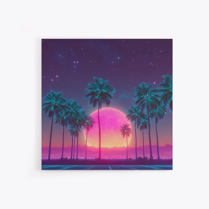 Vibrant Neon Cityscape With Palm Trees And Pink Moon Night Sky Futuristic Wall Art Framed Canvas Print For Living Room