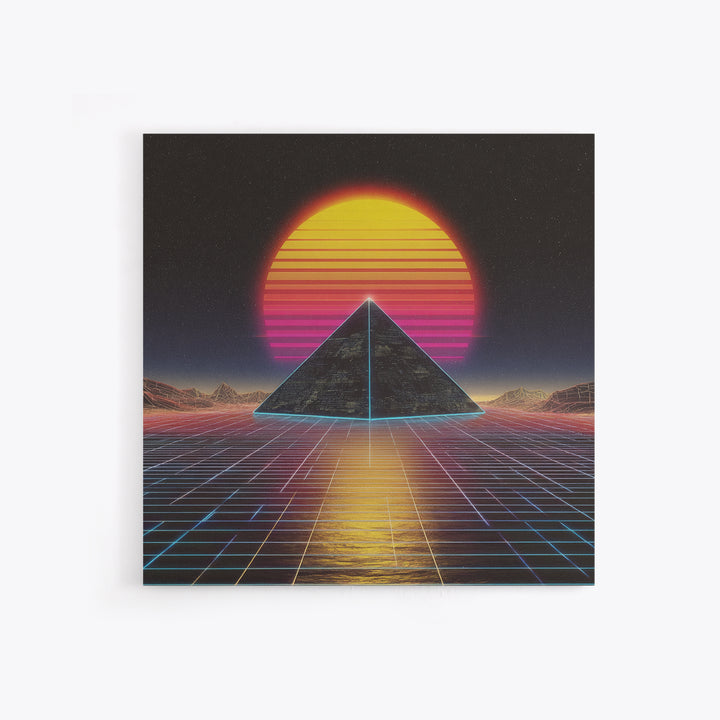 Retro Synthwave Pyramid Sunset Wall Art, Neon Grid Landscape Canvas Print, 80s Aesthetic Home Decor, Sci Fi Poster