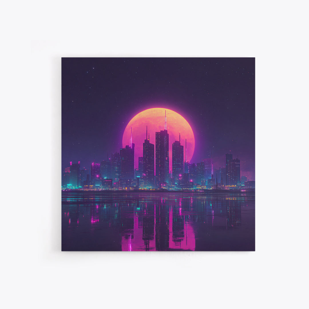 Neon Moon Over Futuristic City Skyline Wall Art, Cyberpunk Night Cityscape Print, Modern Gaming Room Canvas Print
