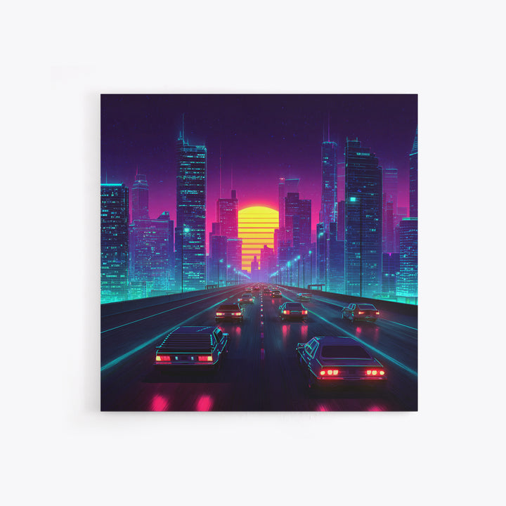 Neon Retro Highway Cityscape Wall Art, Futuristic Synthwave Sunset Canvas Print, Cyberpunk City Modern Home Decor