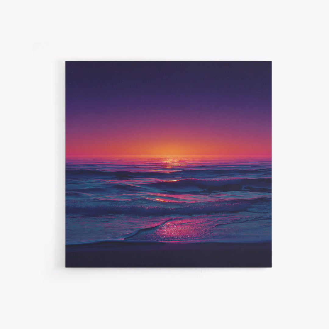 Neon Sunset Over Ocean Waves Wall Art, Colorful Coastal Landscape Print, Modern Beach House Decor Canvas Print