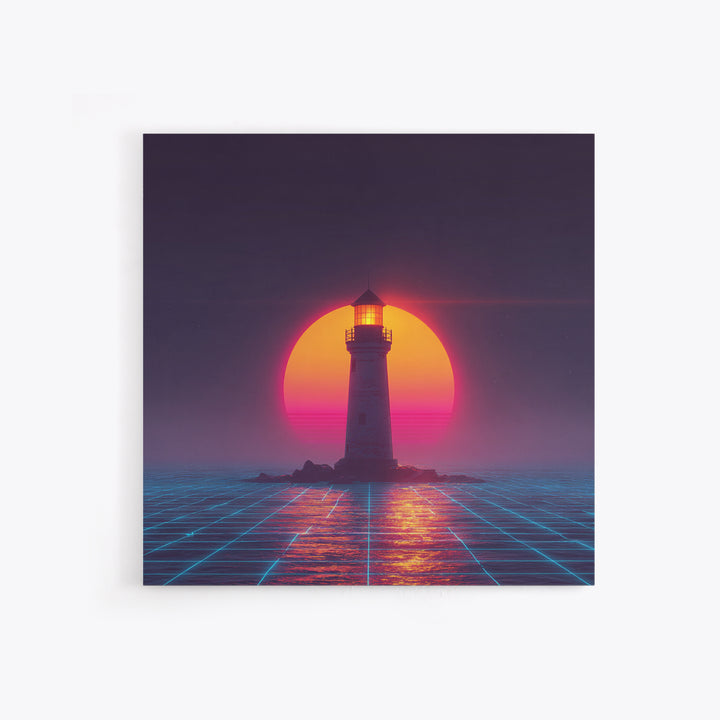 Retro Futuristic Lighthouse Neon Sunset Canvas Print, Synthwave Coastal Wall Art, Vaporwave Ocean Scene For Gaming Room Decor
