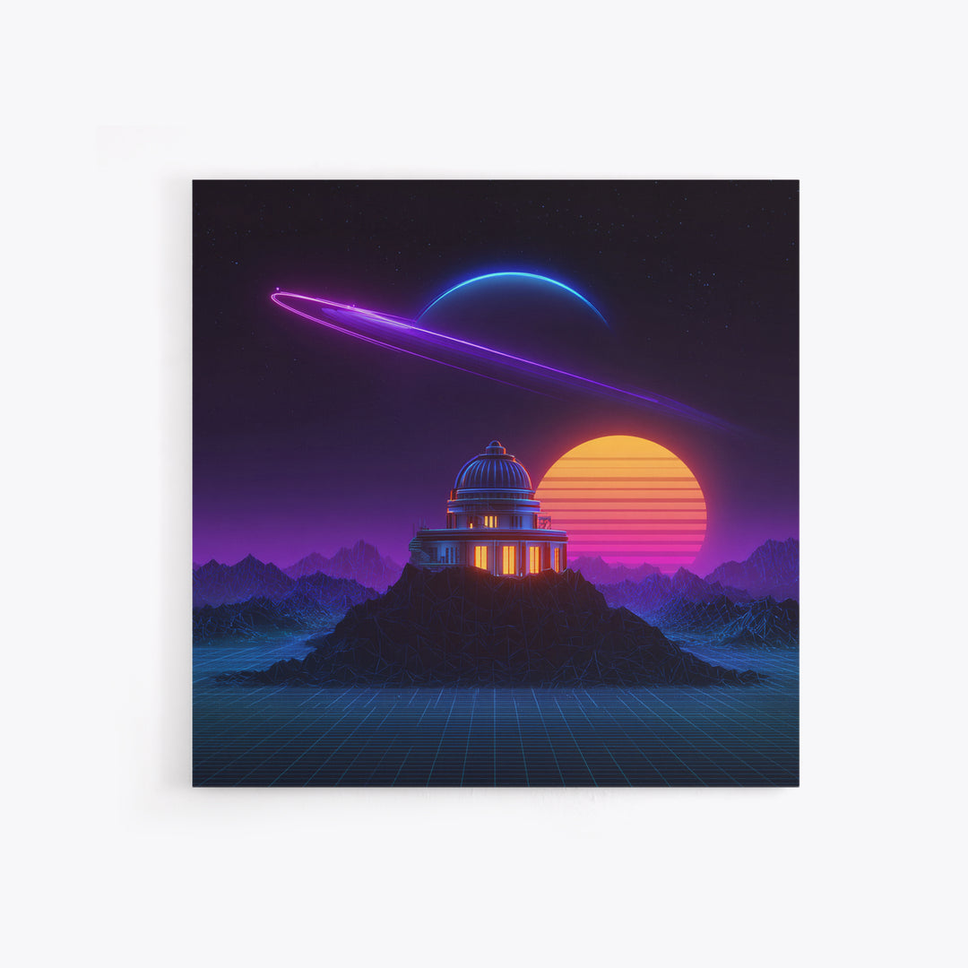 Retro Futuristic Observatory Space Landscape Wall Art, Neon Planet Sci Fi Canvas Print, Vaporwave Decor For Gaming Room