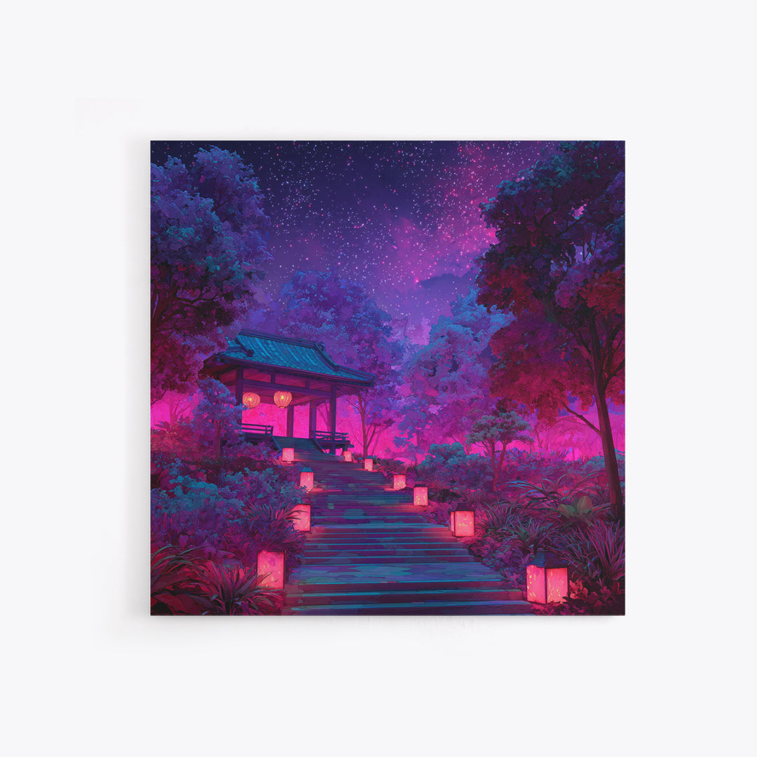Neon Garden Lantern Path Under Starry Sky Wall Art, Dreamy Japanese Landscape Canvas Print, Aesthetic Room Decor