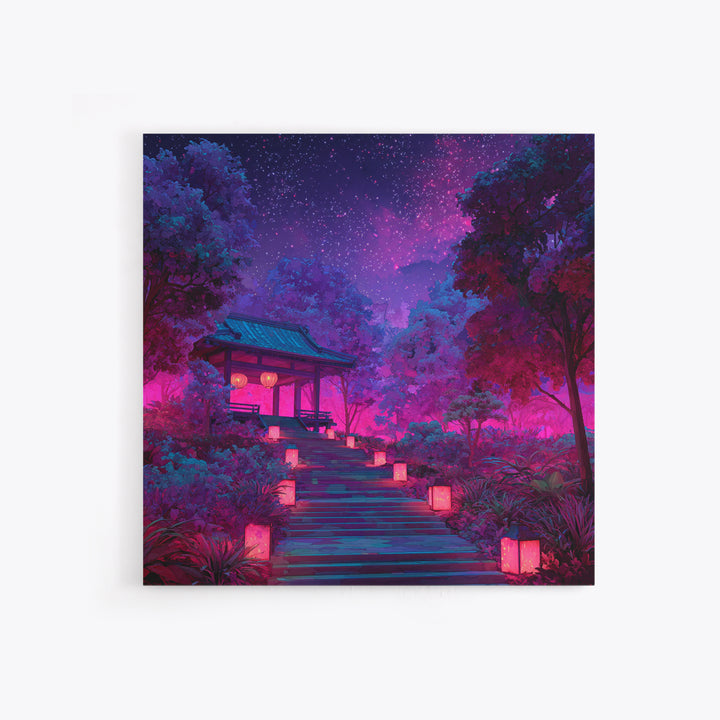 Neon Garden Lantern Path Under Starry Sky Wall Art, Dreamy Japanese Landscape Canvas Print, Aesthetic Room Decor