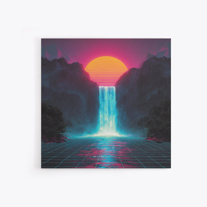 Neon Waterfall Sunset Sci Fi Landscape Wall Art Retro Futuristic Mountain Canvas Print For Gaming Room Modern Home Decor