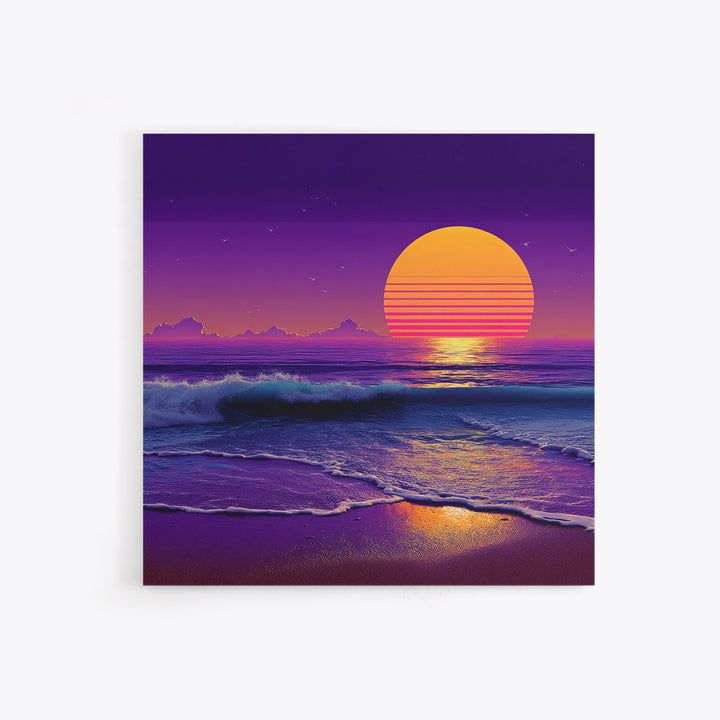 Neon Waves At Dusk Ocean Wall Art, Retro Sunset Beach Print, Vibrant Coastal Home Decor, Synthwave Seascape Living Room Wall Art