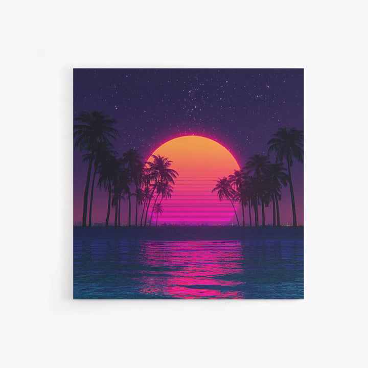 Neon Sunset Palm Tree Beach Canvas Print, Retro Wave Ocean Wall Art, Vibrant Coastal Home Decor, 80s Synthwave Bedroom Art