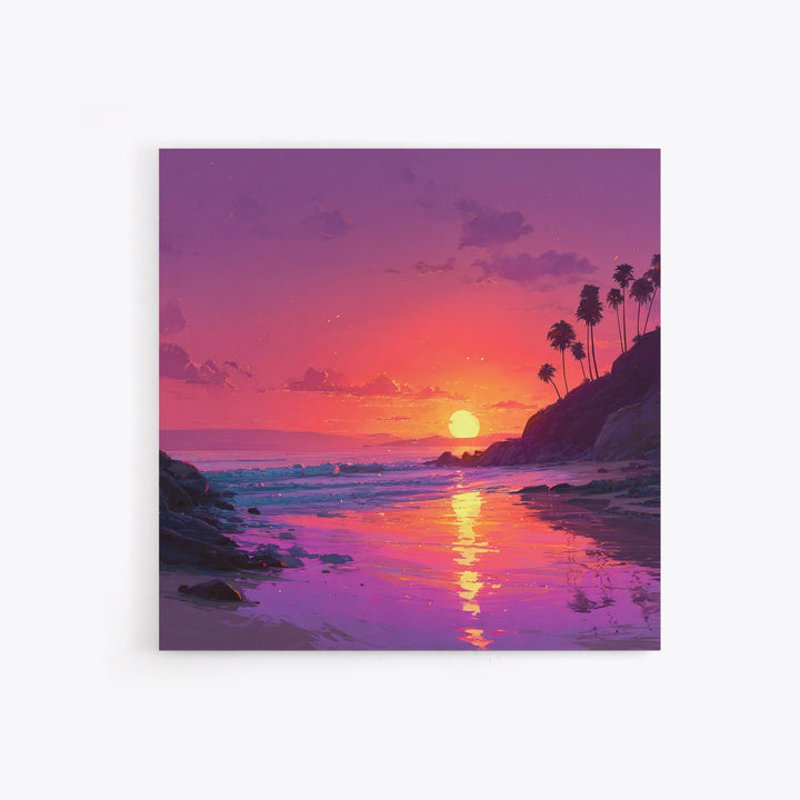 Tropical Sunset Beach Wall Art, Pink Orange Ocean Painting, Coastal Landscape Print, Modern Coastal Decor Framed Canvas Print