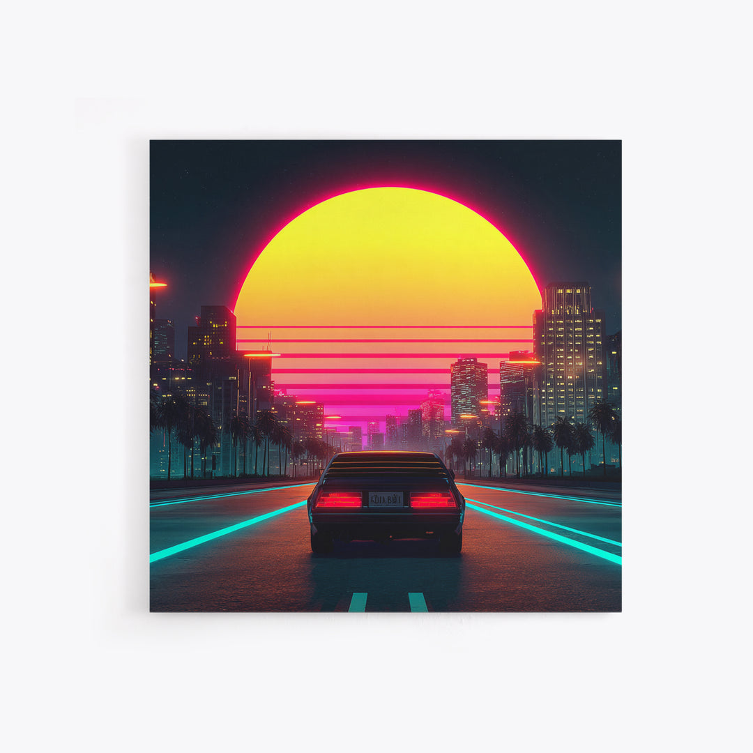 Retro Neon Car Driving Into Sunset Cityscape Wall Art Modern Abstract Framed Canvas Print Home Decor