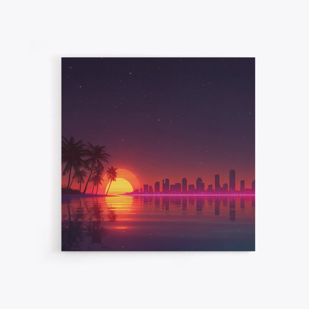 Neon City Skyline Sunset Over Water Retro Coastal Wall Art, Vibrant Nightscape Canvas Print For Modern Home Decor