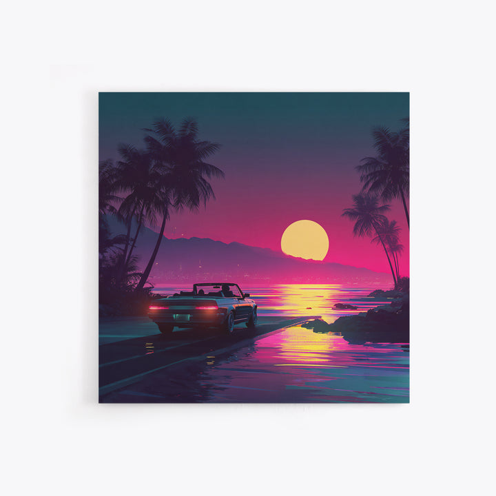 Retro Convertible Driving Into Neon Sunset Wall Art, 80s Aesthetic Beach Road Canvas Print, Vaporwave Room Decor