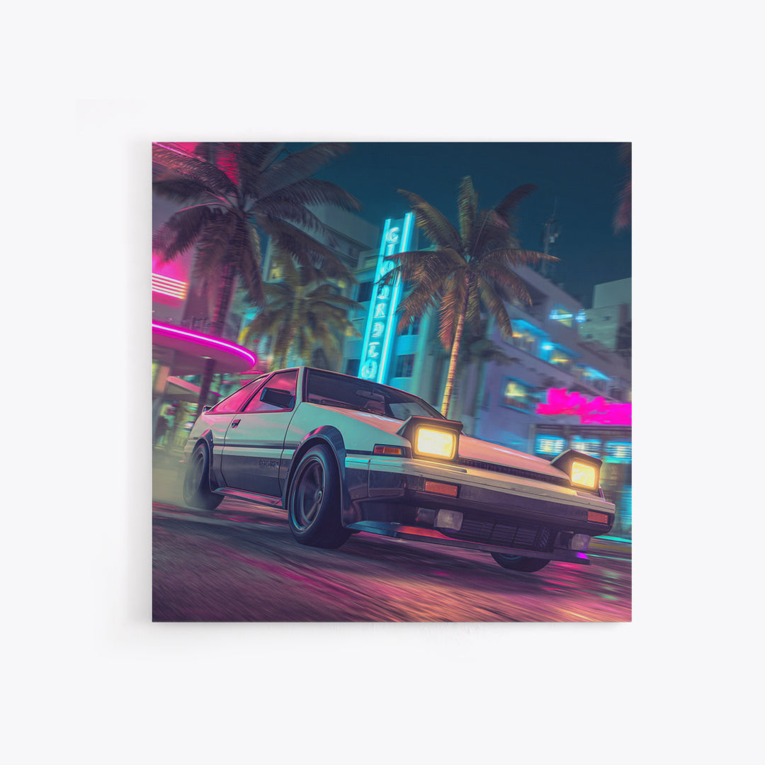 Retro Night City Car Wall Art, Neon Cyberpunk Street Canvas Print, Futuristic Cityscape Art, Gaming Room Decor Poster