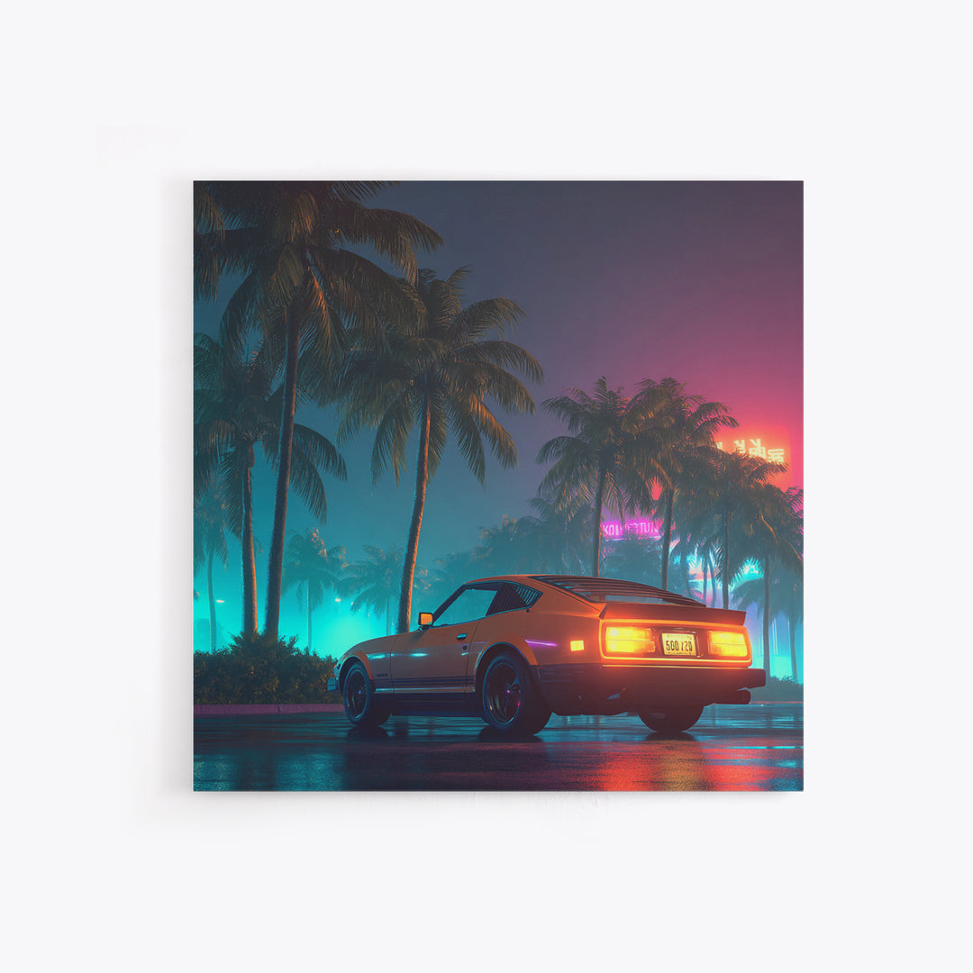 Retro Night Drive Wall Art, Neon Palm Street With Classic Car Canvas Print, Vaporwave Aesthetic Decor