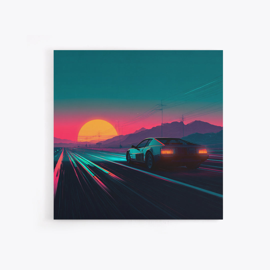 Retro Sports Car At Neon Sunset Highway Canvas Print, Vaporwave Wall Art, Cyberpunk Room Decor, Futuristic Landscape Poster