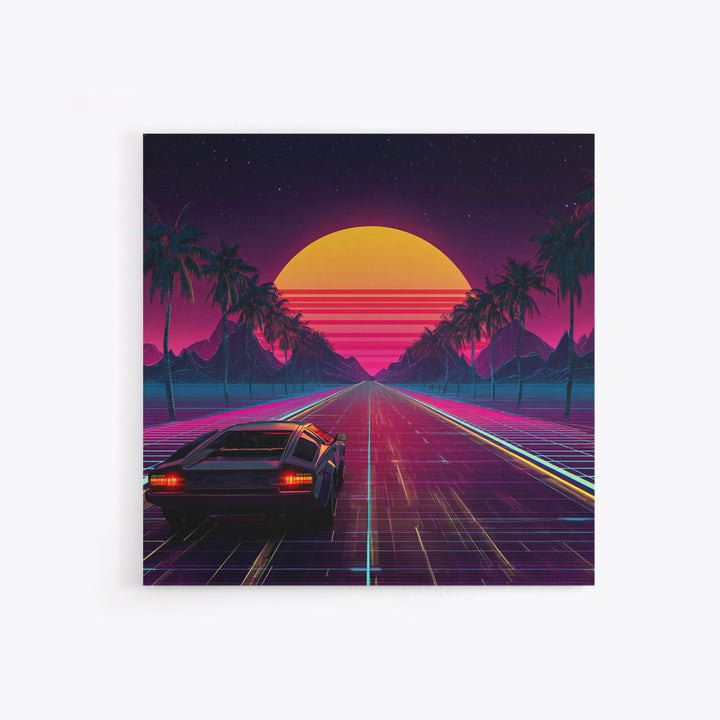 Retro Synthwave Car Driving Into Neon Sunset Wall Art, 80s Vaporwave Palm Road Aesthetic Canvas Print