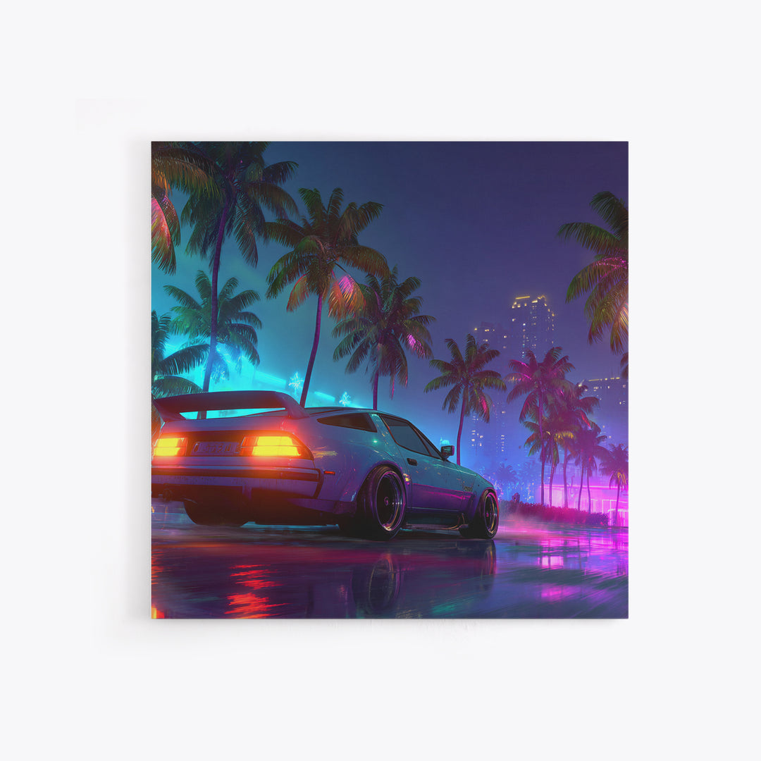 Neon Sports Car Palm Tree Night Wall Art, Retro Coastal City Canvas Print, Cyberpunk Beach Aesthetic Room Decor