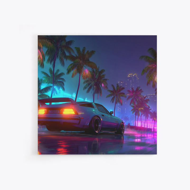 Neon Sports Car Palm Tree Night Wall Art, Retro Coastal City Canvas Print, Cyberpunk Beach Aesthetic Room Decor