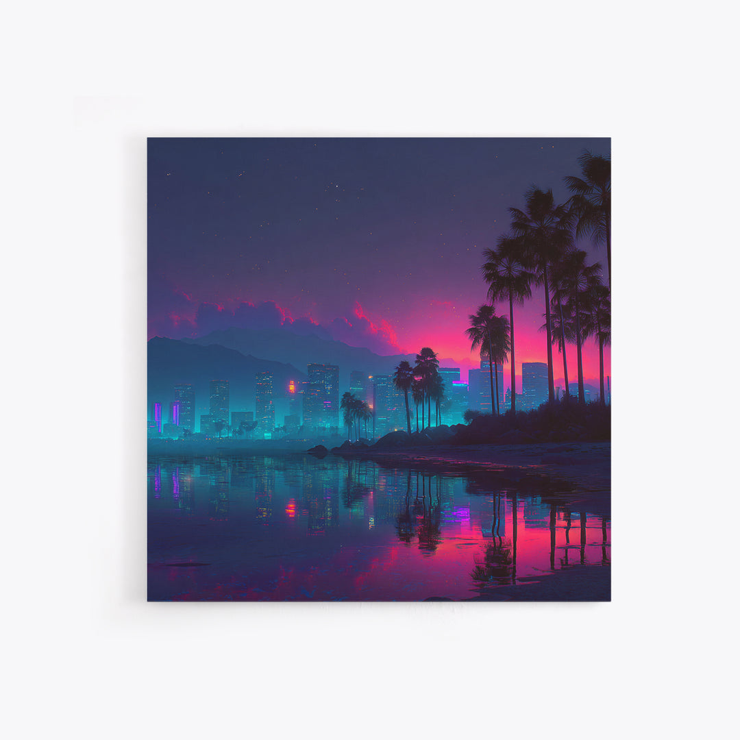 Neon City Beach Sunset Canvas Print, Retro Futuristic Coastal Wall Art, Vaporwave Room Decor Modern Living Room Wall Art