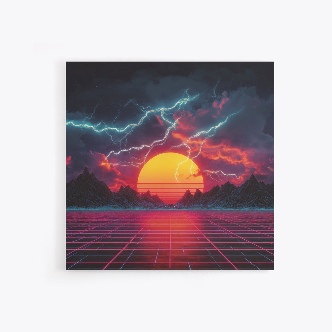 Retro Futuristic Sunset Lightning Landscape Wall Art Neon Grid Sci Fi Canvas Print Gaming Room Decor